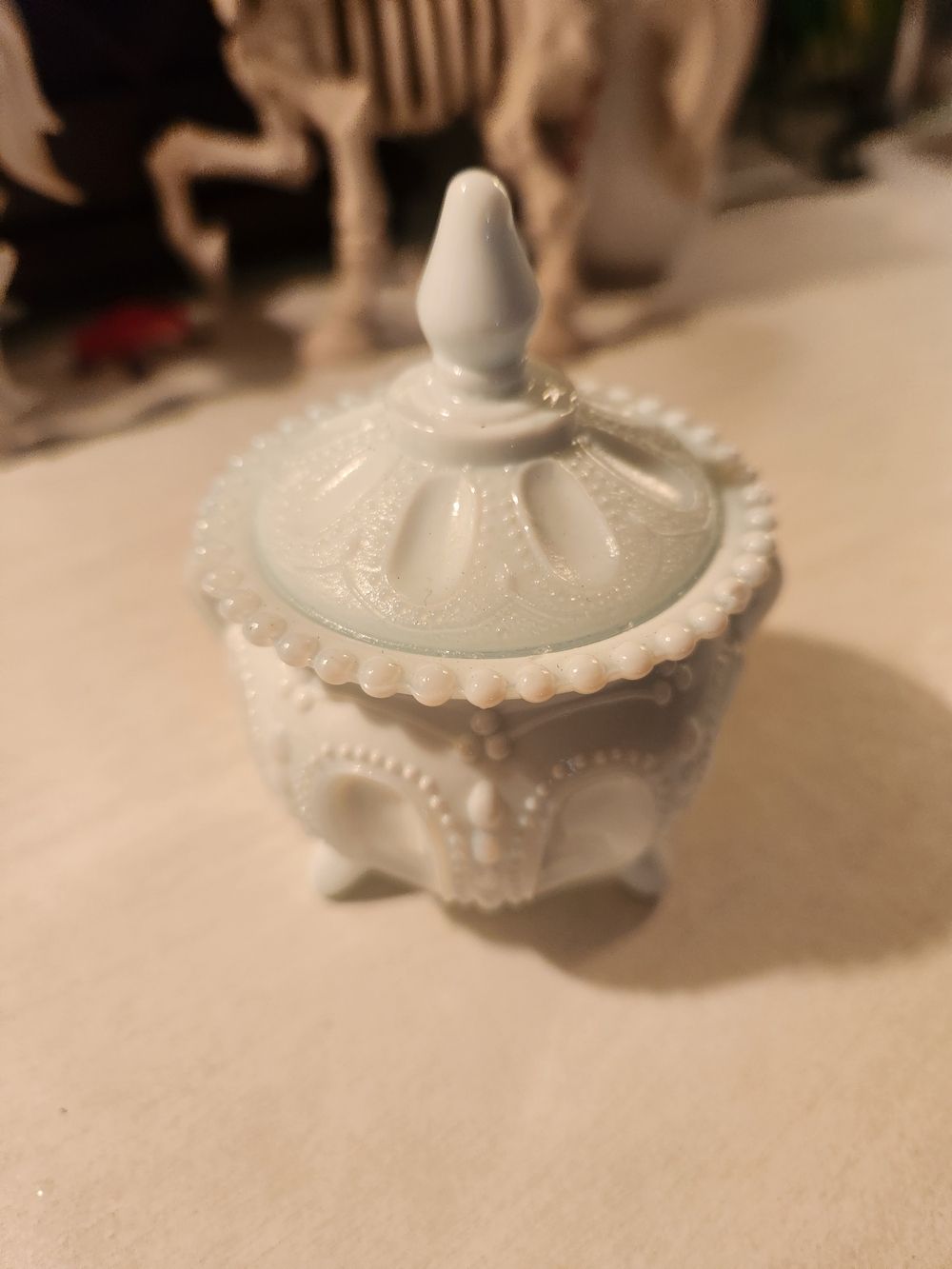 Ornate Milk Glass Trinket Dish with Lid